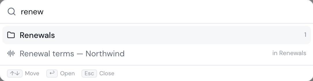 ⌘K over the desktop library: typing “renew” lists the Renewals folder and the Northwind renewal meeting