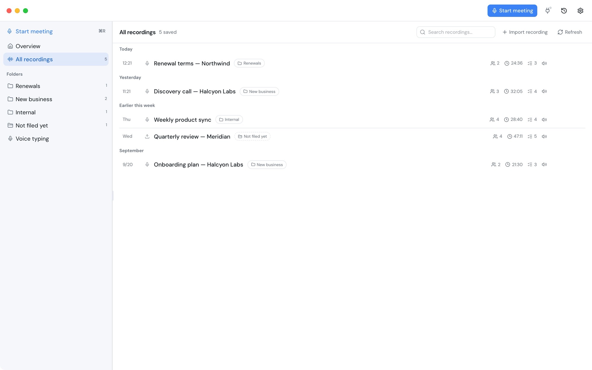 All recordings on the desktop, by date, with folders for Renewals, New business and Internal in the sidebar