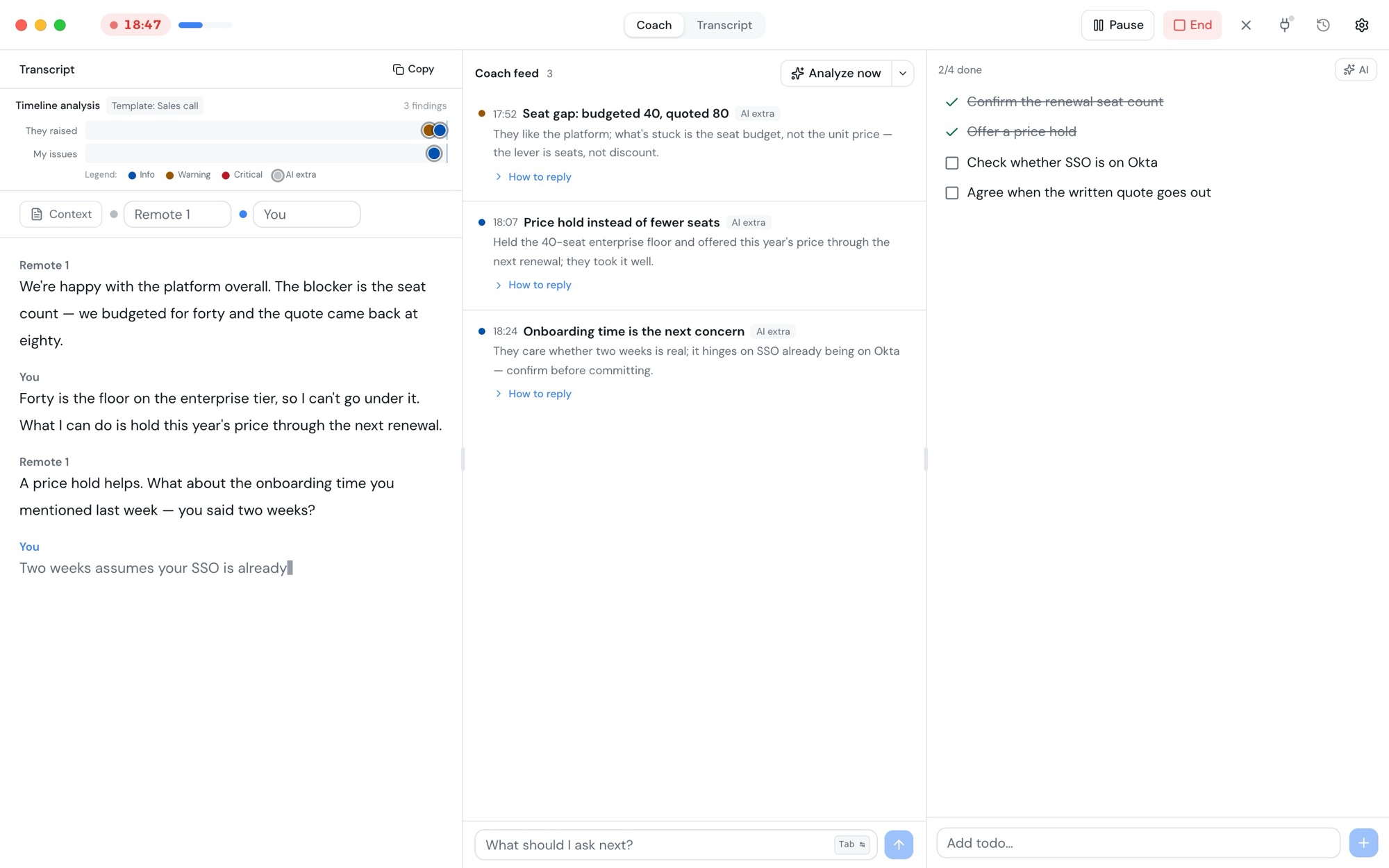 Parley on the desktop during a meeting: the live transcript on the left, coaching notes in the middle, the to-do list on the right