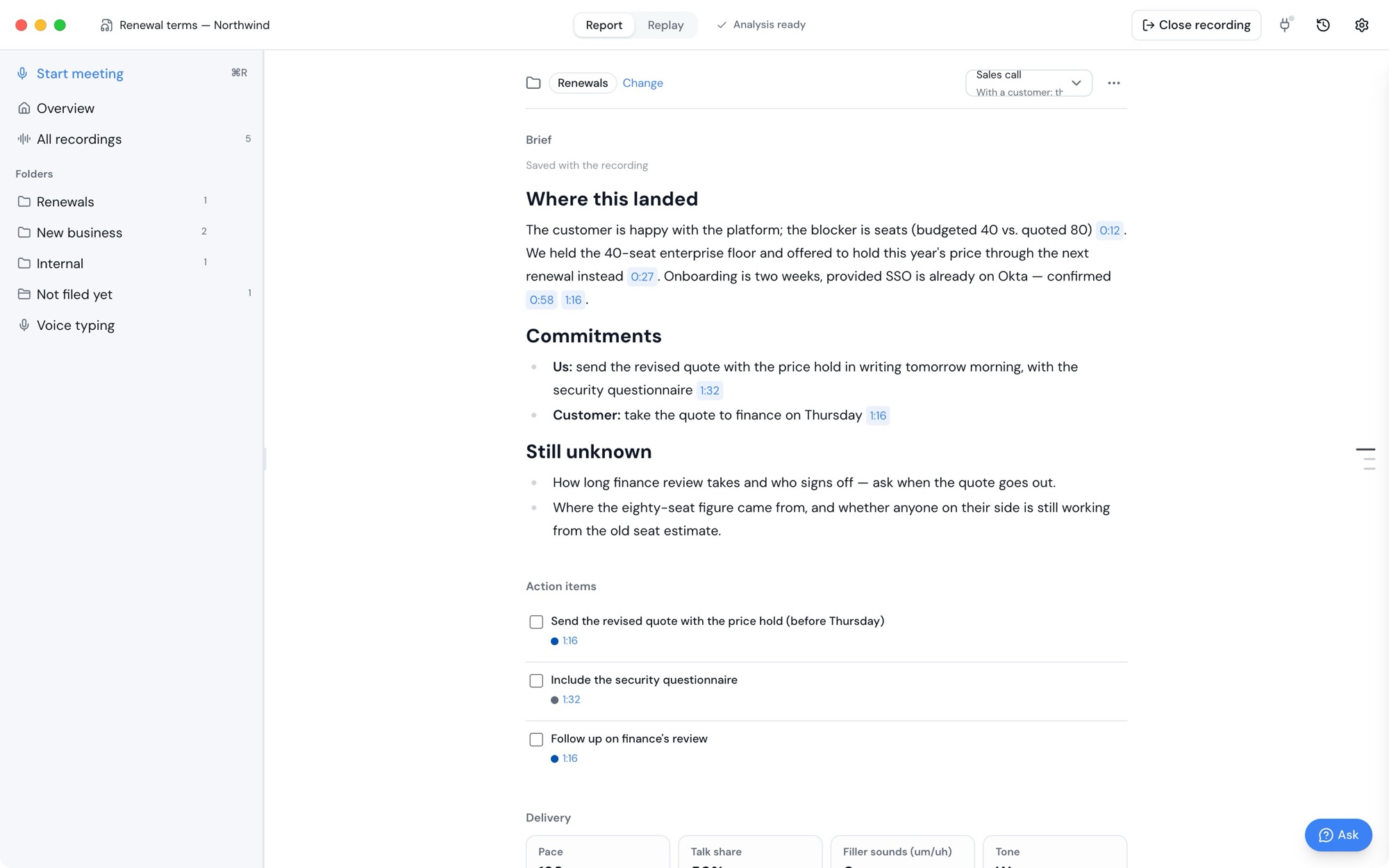 A Parley meeting report on the desktop: where it landed, commitments, what is still unknown and action items, each line with a timestamp