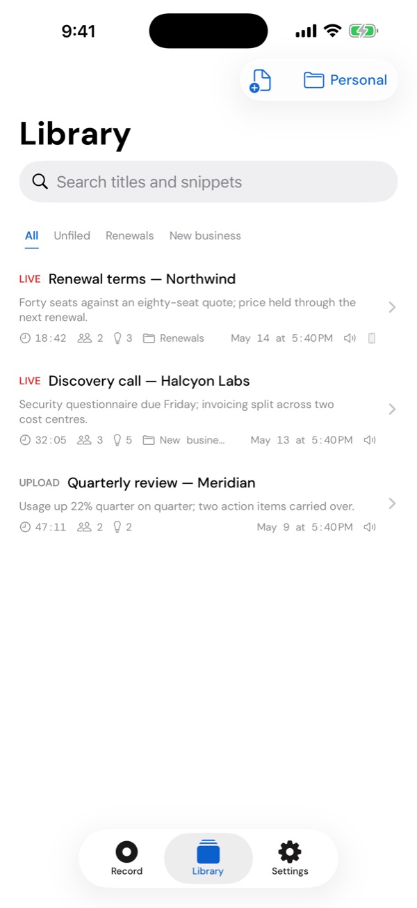 The iPhone library: meetings by date, with upload markers and folders